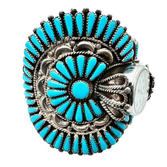 Vintage Native American Zuni Petit Turquoise Bracelet Sterling Silver Cuff 95 G - Picture 2 of 9